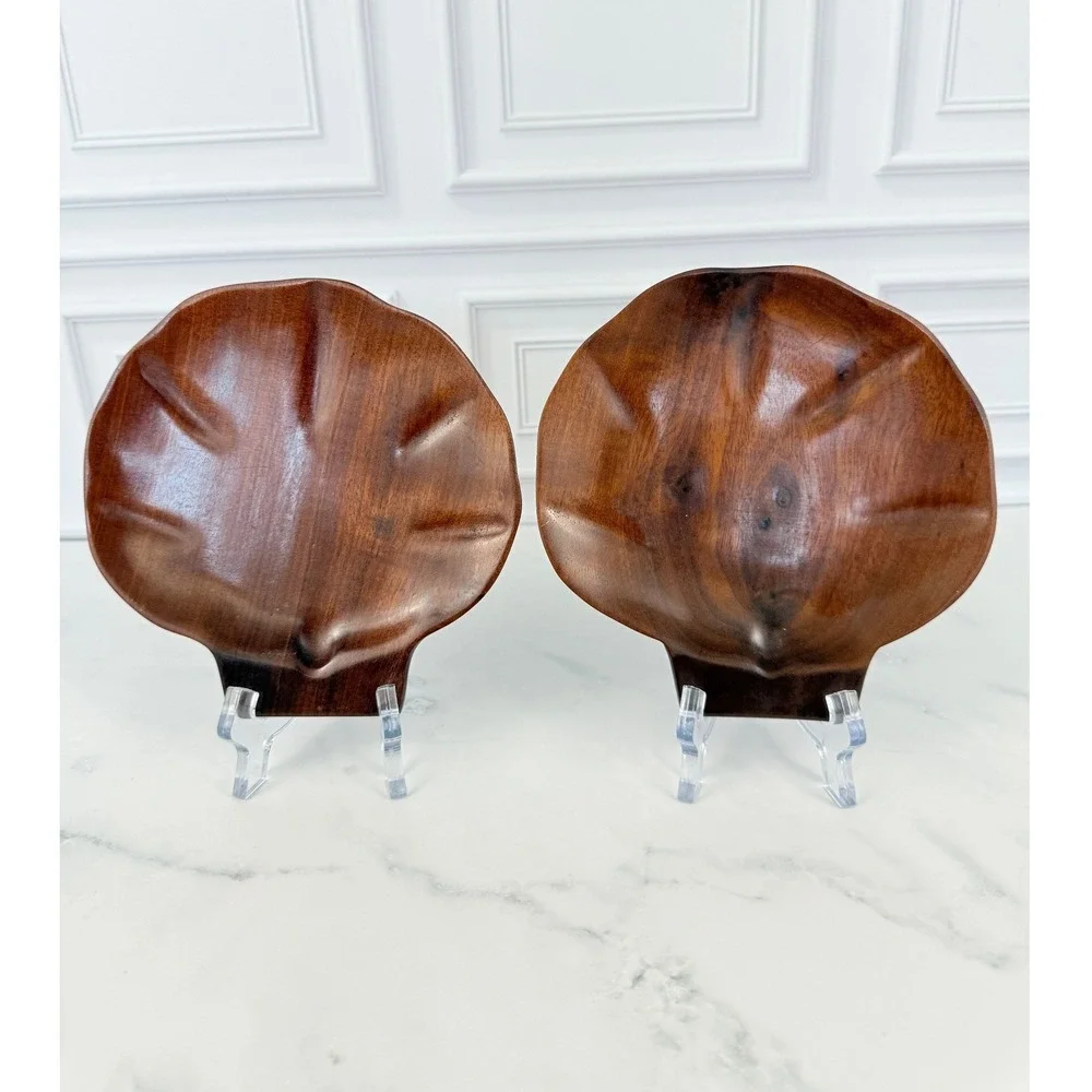 VTG PAIR (2) Caribcraft Mahogany Carved Haitian Shell Plates Trays 6